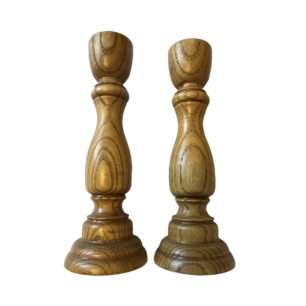 Anthropologie Turned Wood Taper Candle Holders Set of 2 Ash Brown Spindle 7"‎